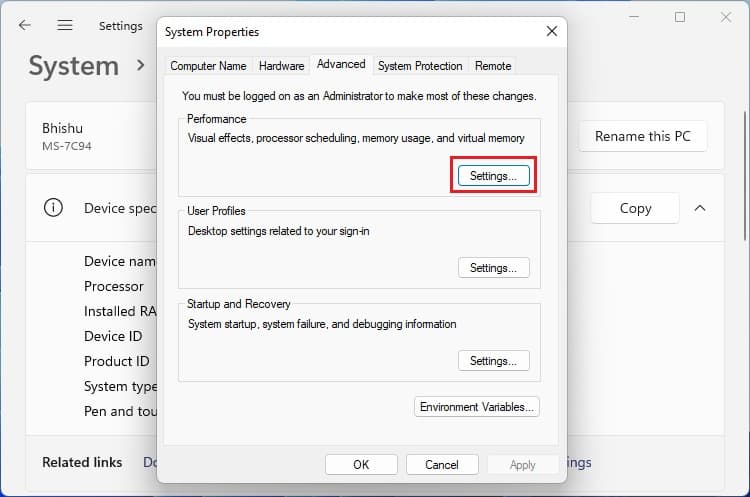 performance settings button