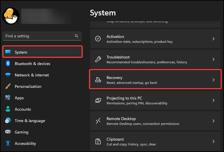 recovery settings