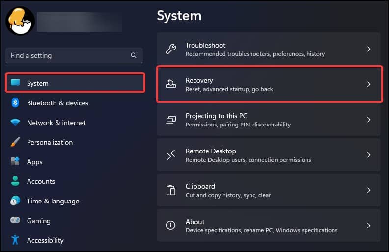 recovery setting