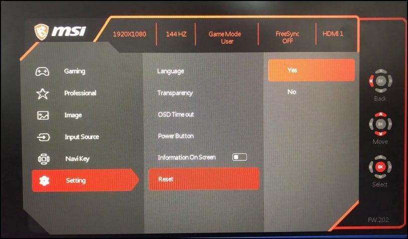 reset the monitors settings