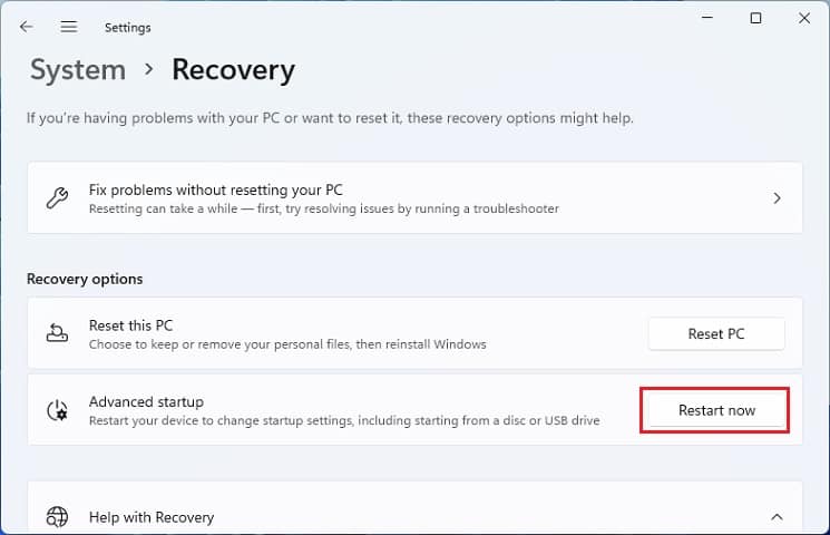 restart now button in advanced startup