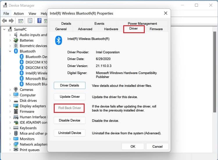 roll back bluetooth driver