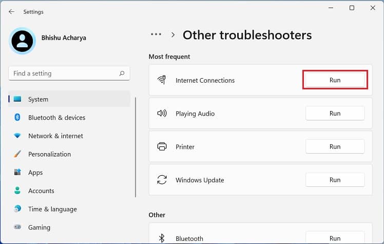 run internet connections troubleshooter