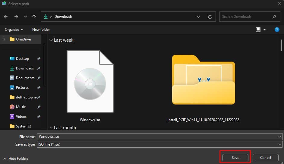 seelct iso file save location