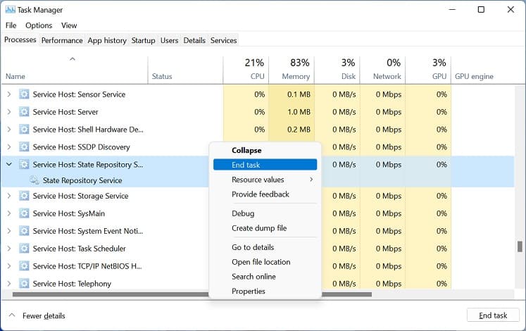 service host state repository service end task