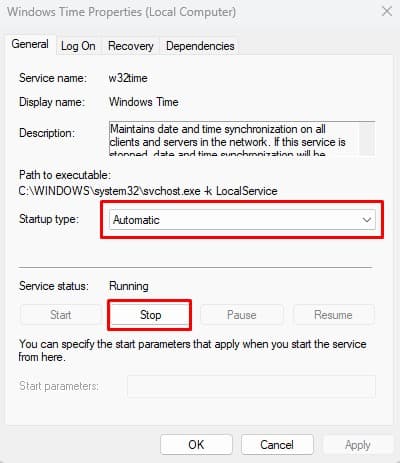 set startup type automatic time synchronization failed