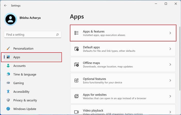 settings app apps and features