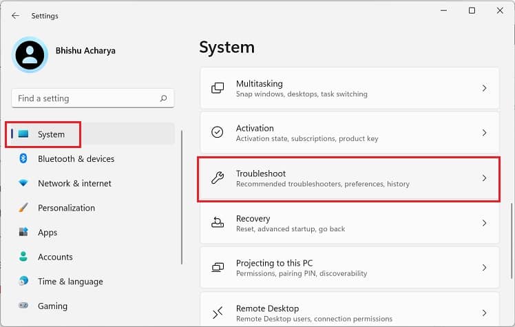 settings system troubleshoot