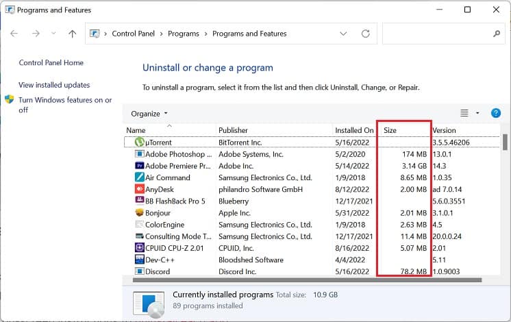 size field in programs and features