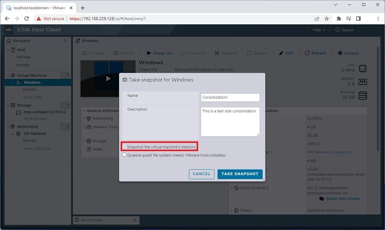 snapshot the virtual machine memory