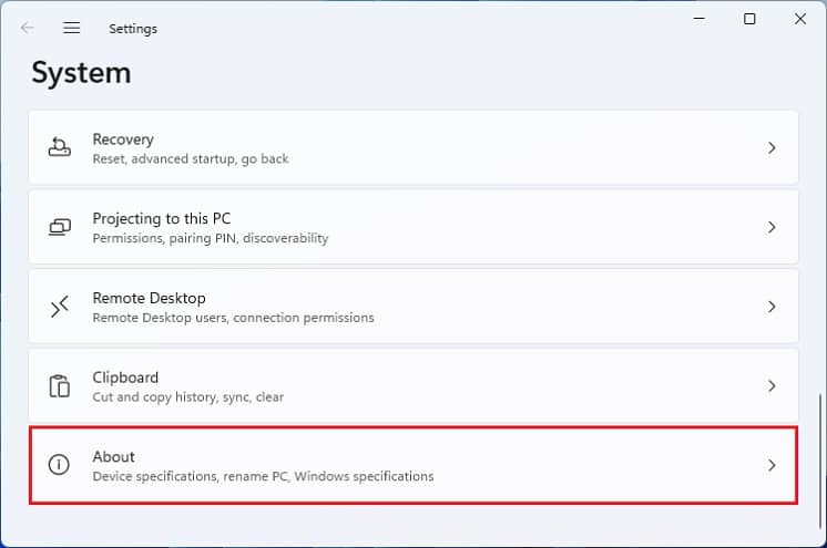 system about in settings