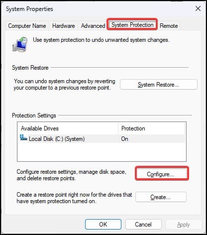 system protection configuration