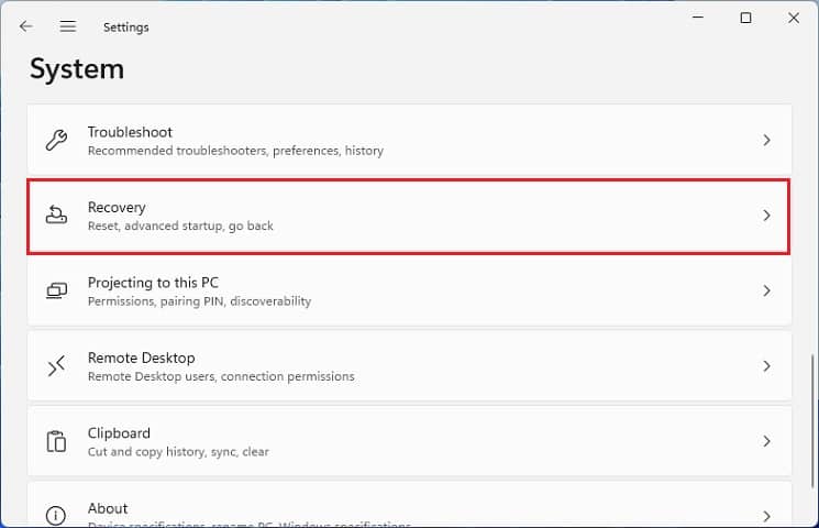 system recovery in settings