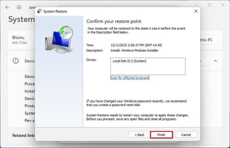 system restore finish button