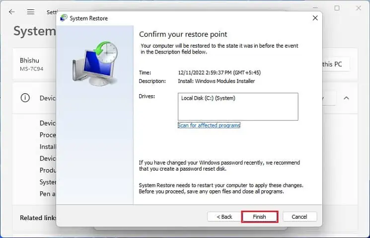 12 Ways to Fix "Client Server Runtime Process High GPU" Issue 49 system-restore-finish-button