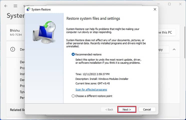 system restore first window next