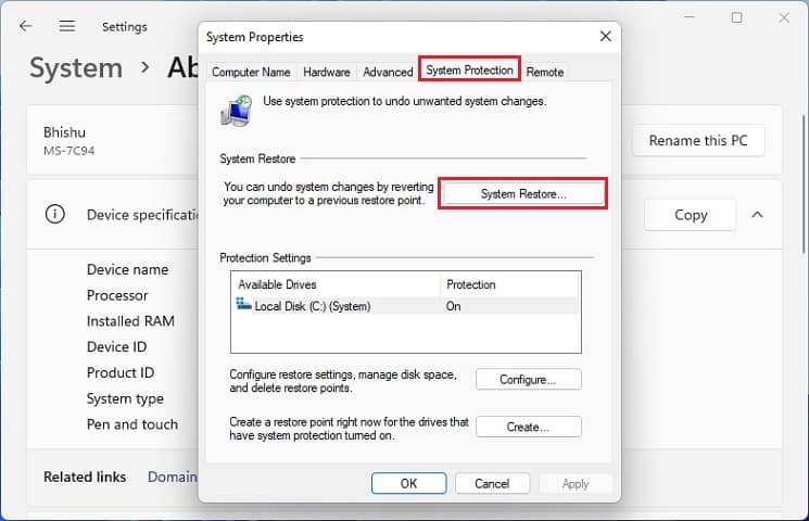 system restore in system protection