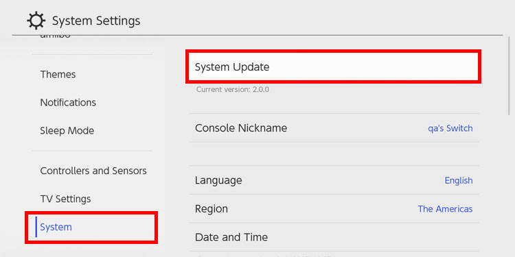 system update switch not working