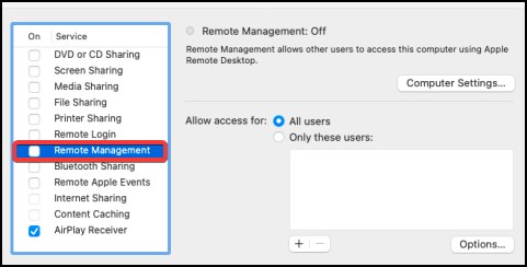 uncheck remote management