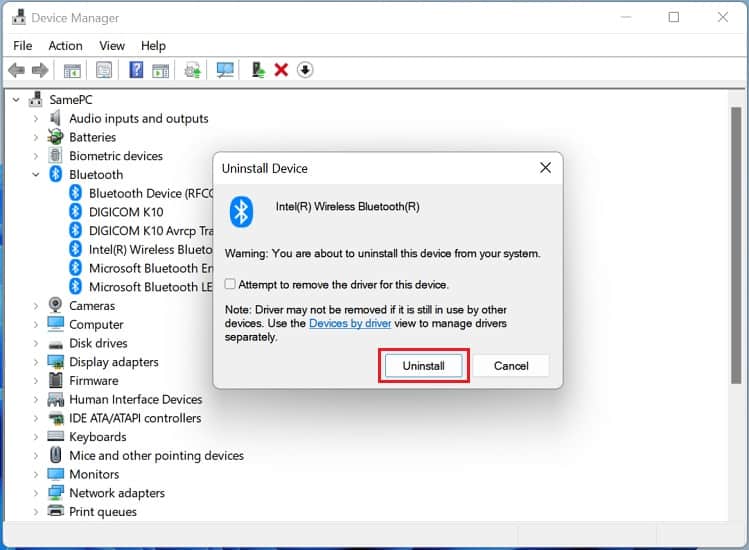 uninstall bluetooth button