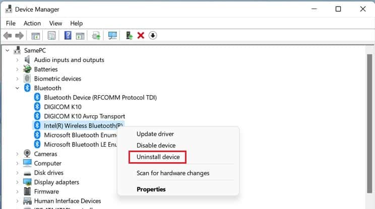 uninstall bluetooth device