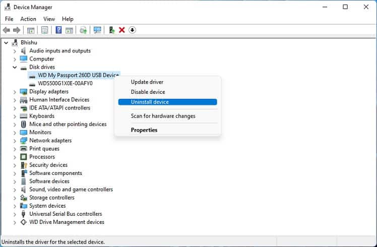 uninstall device wd my passport