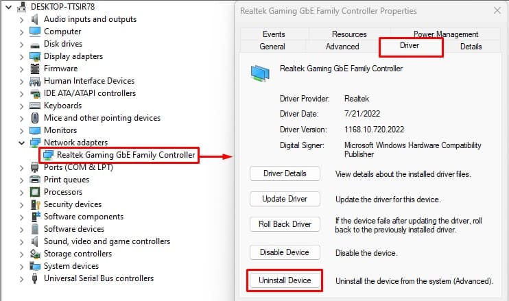 uninstall driver network adapter driver