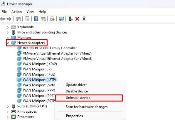 Fix: The L2TP Connection Attempt Failed Because the Security Layer Encountered a Processing Error 27 uninstall-network-devices