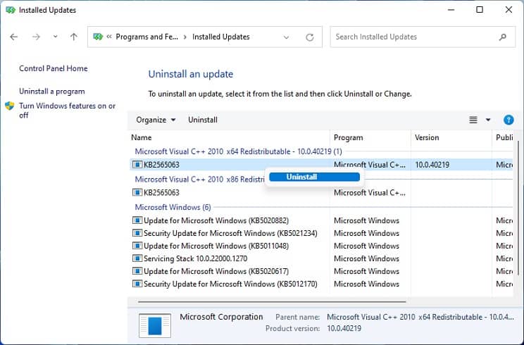 uninstall recent windows update