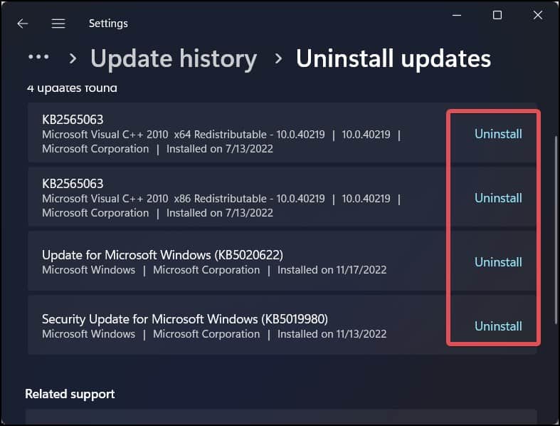 uninstall update packages
