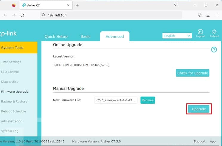 upgrade button in router settings