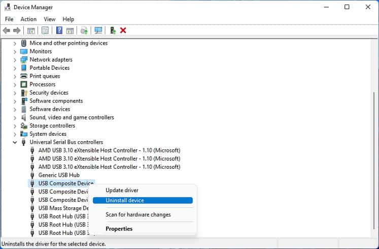 usb composite device uninstall device