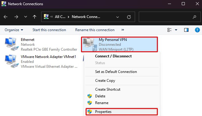 vpn connection properties