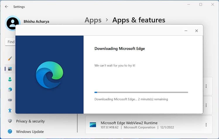 wait for microsoft edge to download and reinstalled on your pc