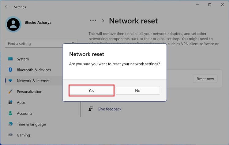 yes to network reset
