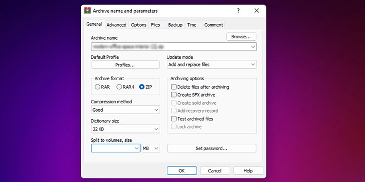 Archive name and parameters winrar