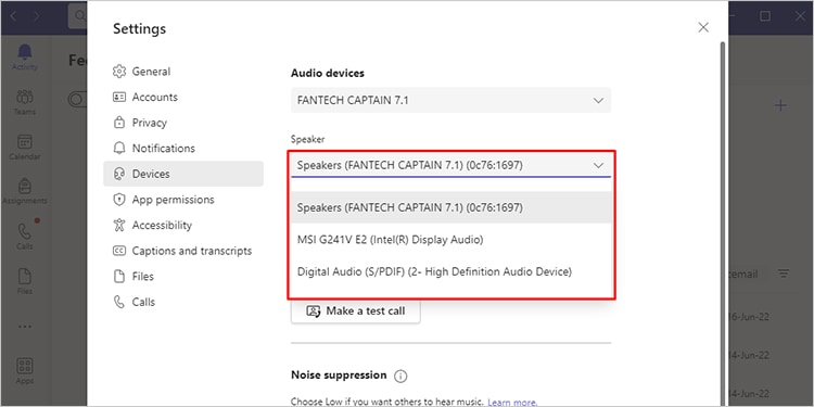 Choose speaker MS Teams