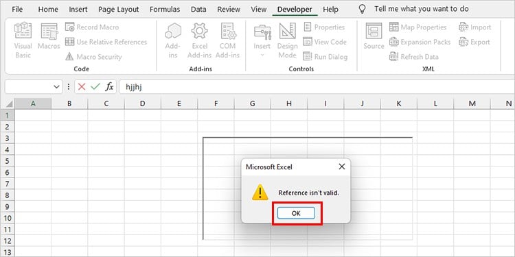 Reference isnt valid text box error excel