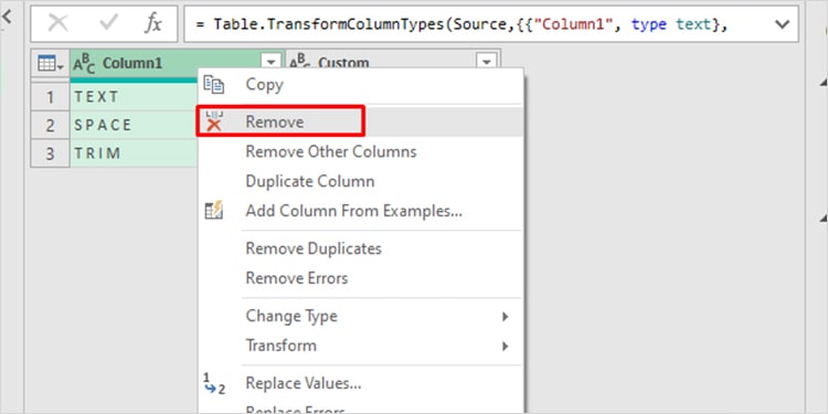 Remove Column Power Query