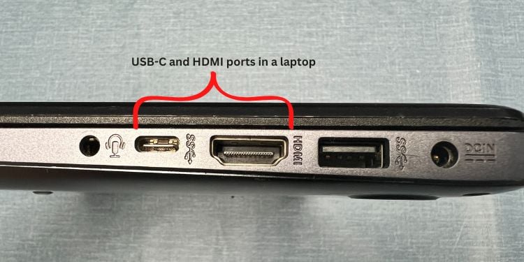 USB-C and HDMI ports in a laptop
