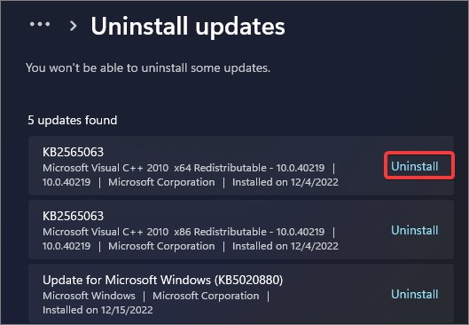 Uninstall recent update