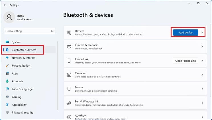add a device in bluetooth and devices