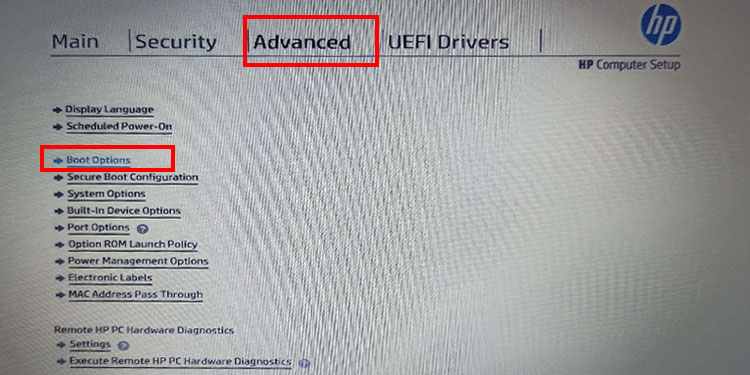 advanced boot options hp laptop