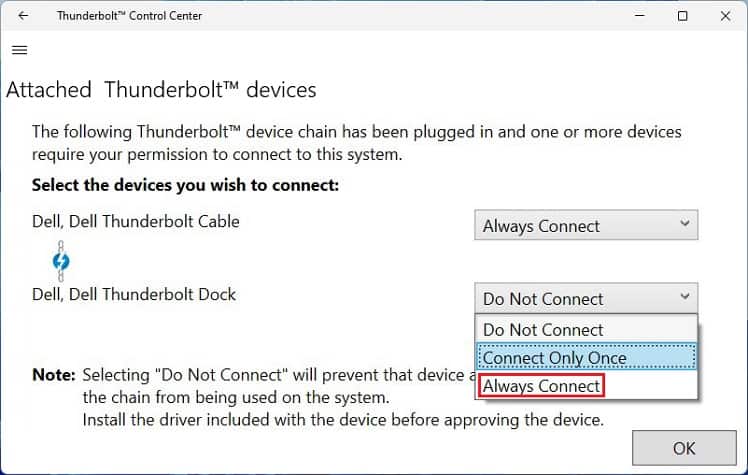 always connect in attached thunderbolt devices