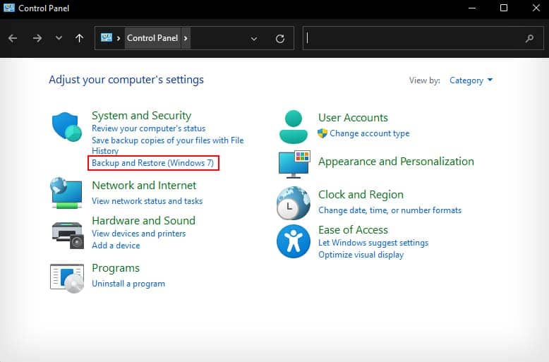 backup and restore control panel