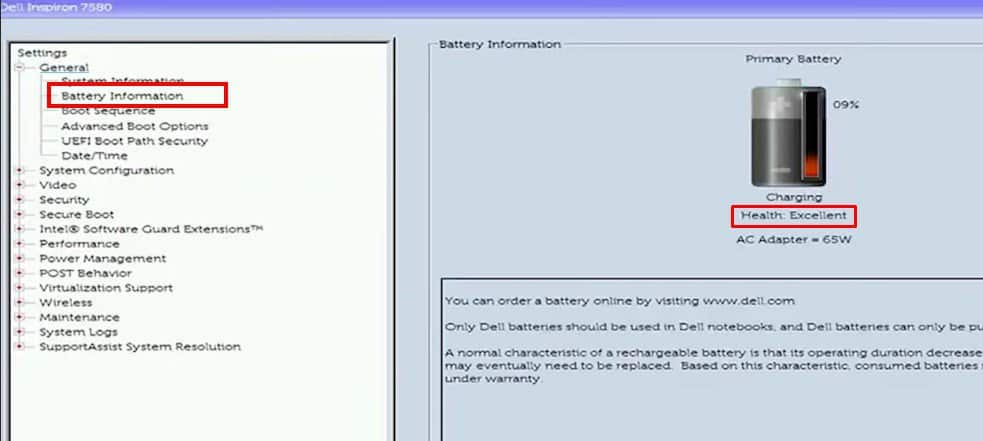 battery info on dell xps laptop