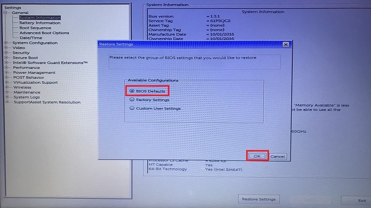 bios defaults and ok