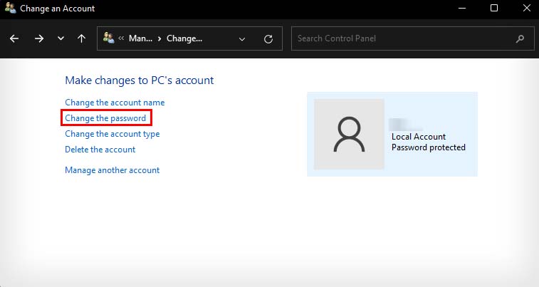 change another account password control panel