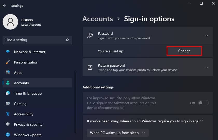 change password from settngs