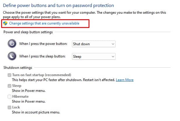 change settings that are currently unavailable reboot dell laptop